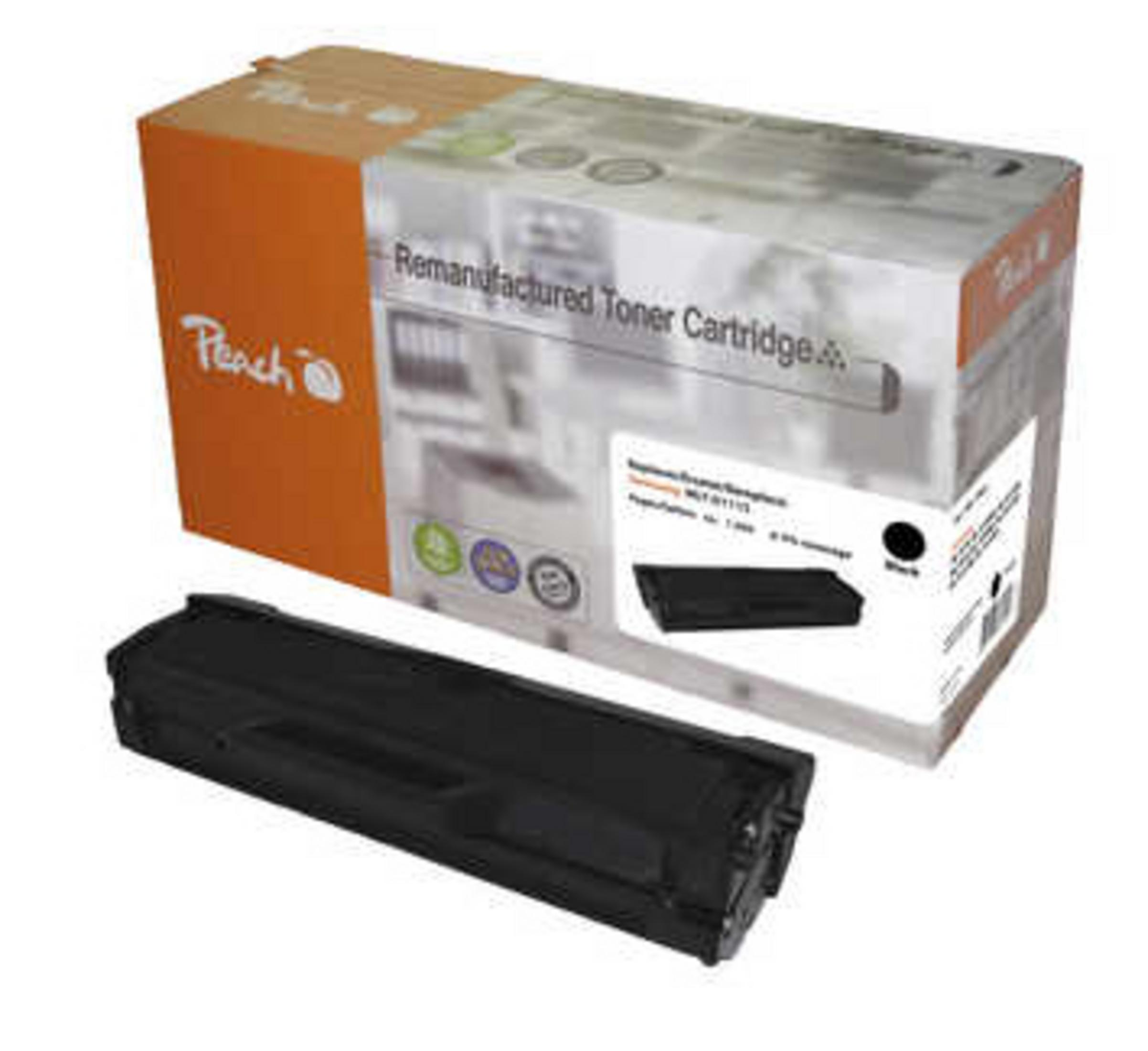 Scatola Peach arancione e bianca con una cartuccia toner nera accanto.