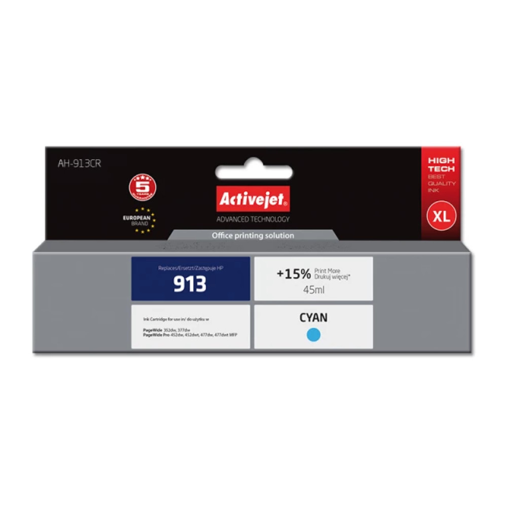 Cartuccia d'inchiostro Activejet AH-913CR, 45ml Ciano, per stampanti HP.