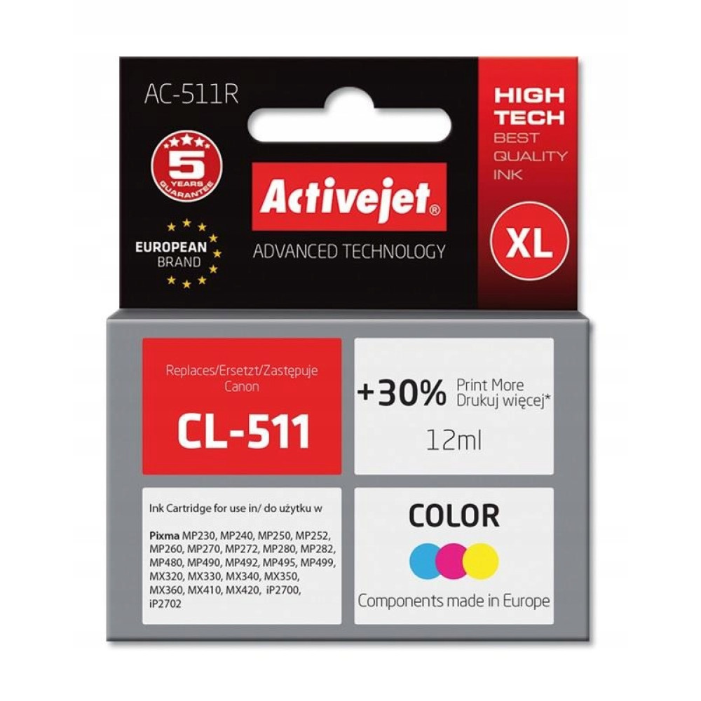 Confezione di una cartuccia d'inchiostro a colori Activejet CL-511 XL per stampanti Canon.