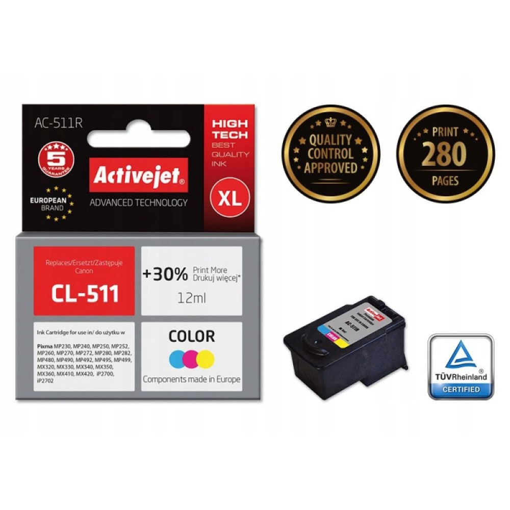 Una confezione di cartucce d'inchiostro a colori Activejet CL-511 XL con certificazioni.