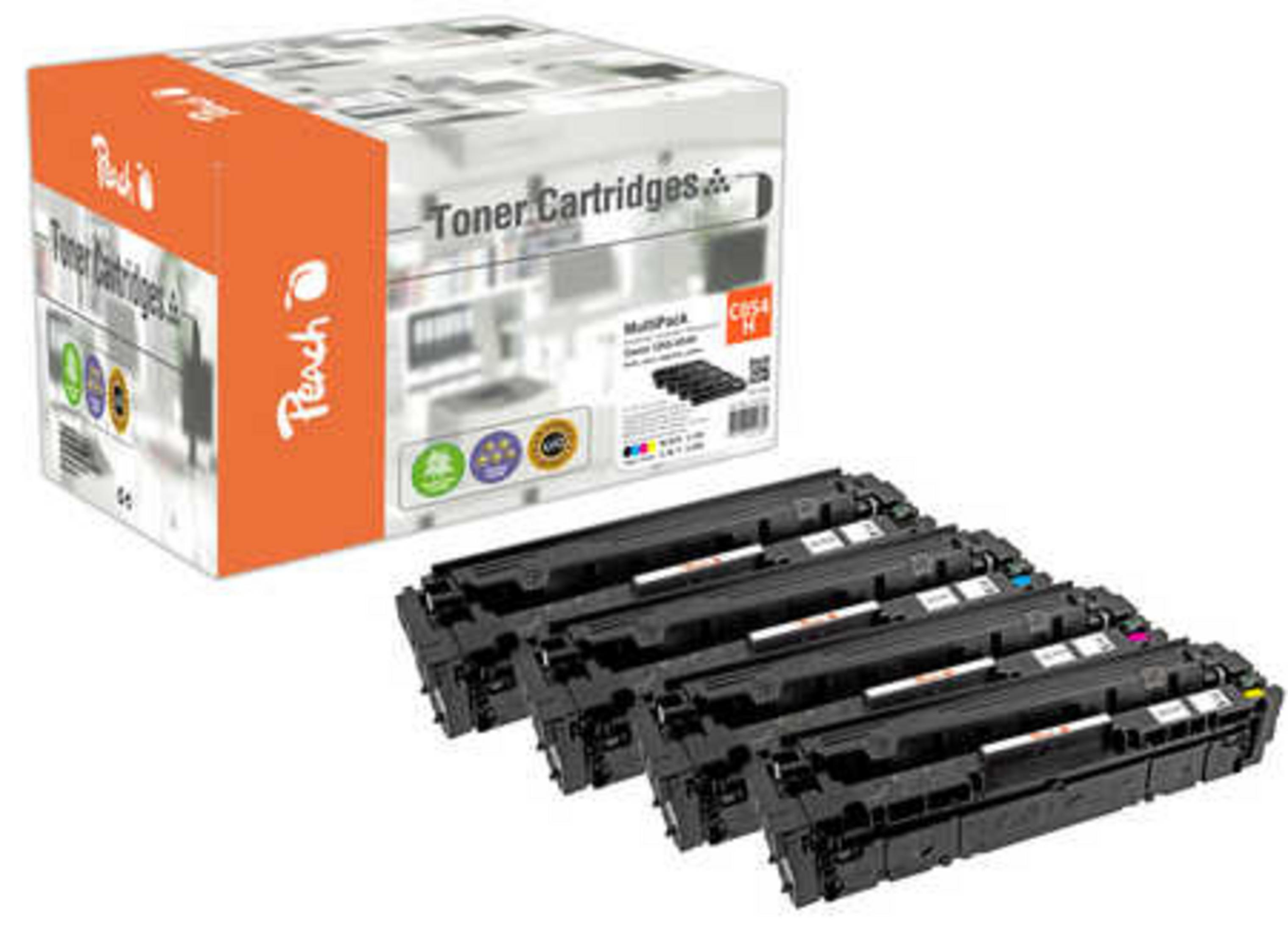 Orange-weiße Box mit Toner-Kartuschen und vier schwarzen Kartuschen daneben.