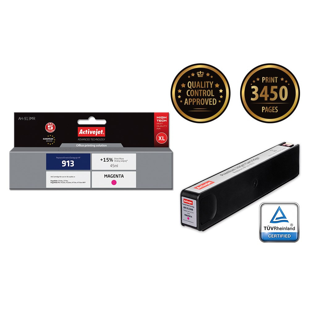Cartuccia d'inchiostro magenta Activejet 913 XL con certificazioni e sigilli qualità.