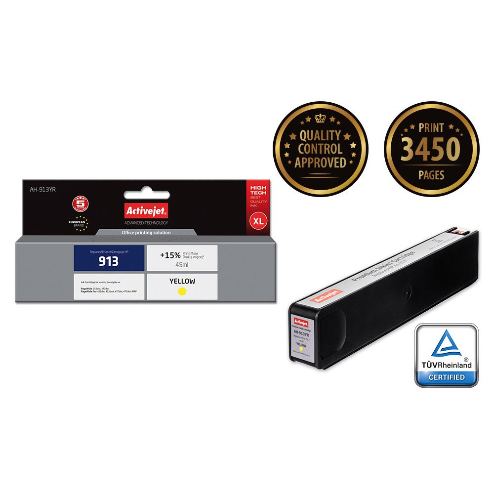 Cartuccia d'inchiostro gialla Activejet 913, XL, 3450 pagine, certificata.