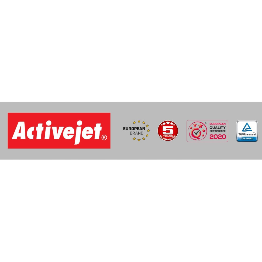 Logo Activejet z europejskimi pieczęciami jakości i certyfikatem TÜV.