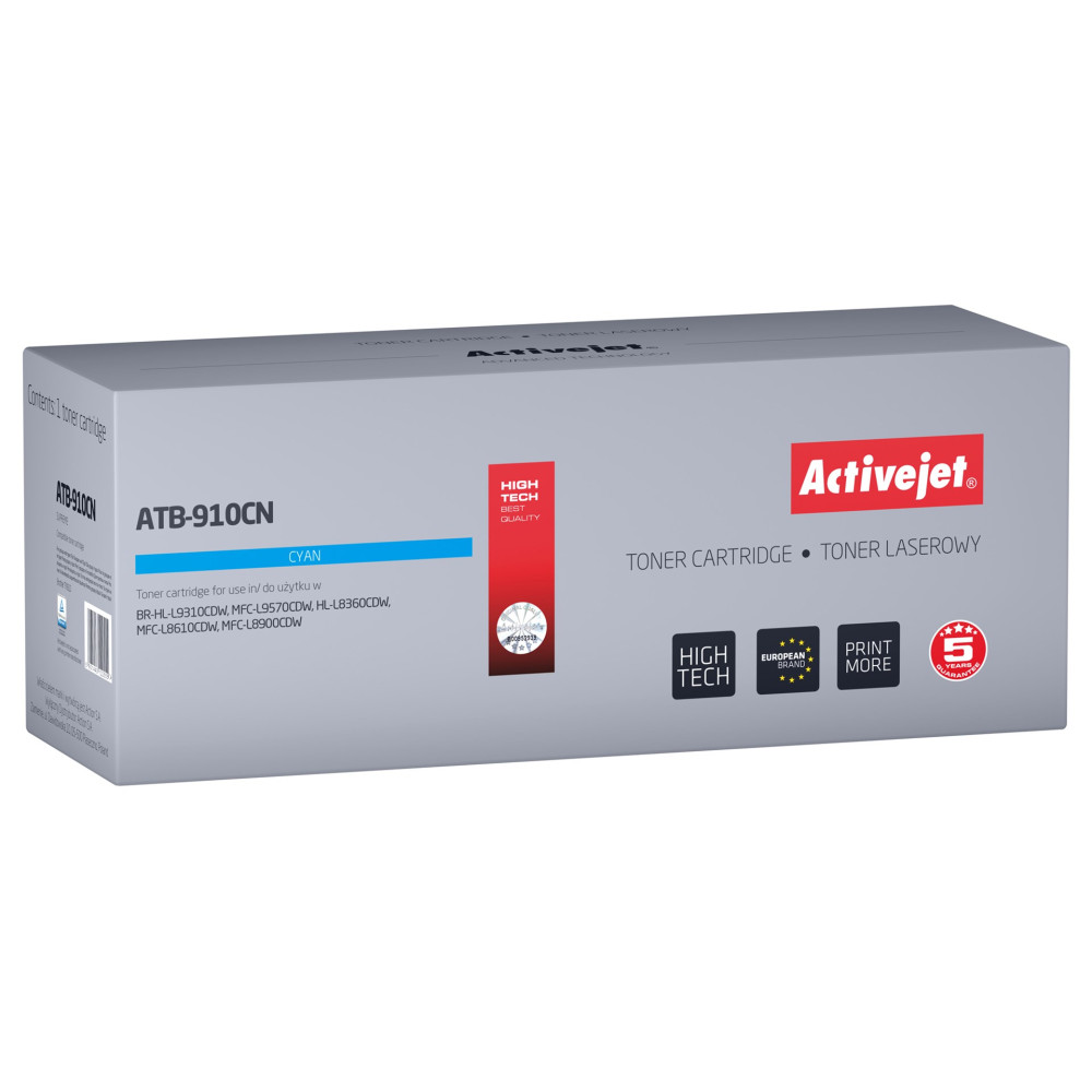 Una cartuccia toner Activejet ATB-910CN ciano con logo "High Tech Best Quality".