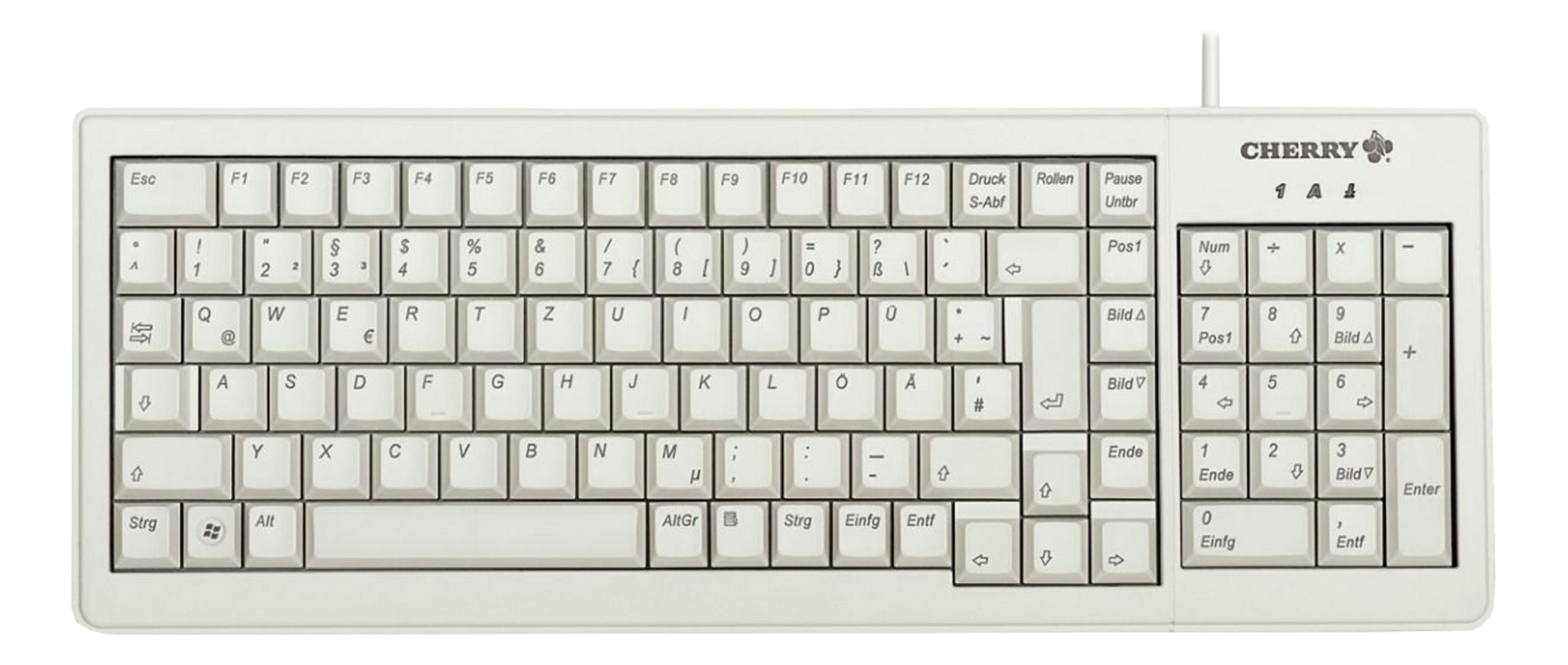 Una tastiera Cherry bianca con layout QWERTZ e tastierino numerico.