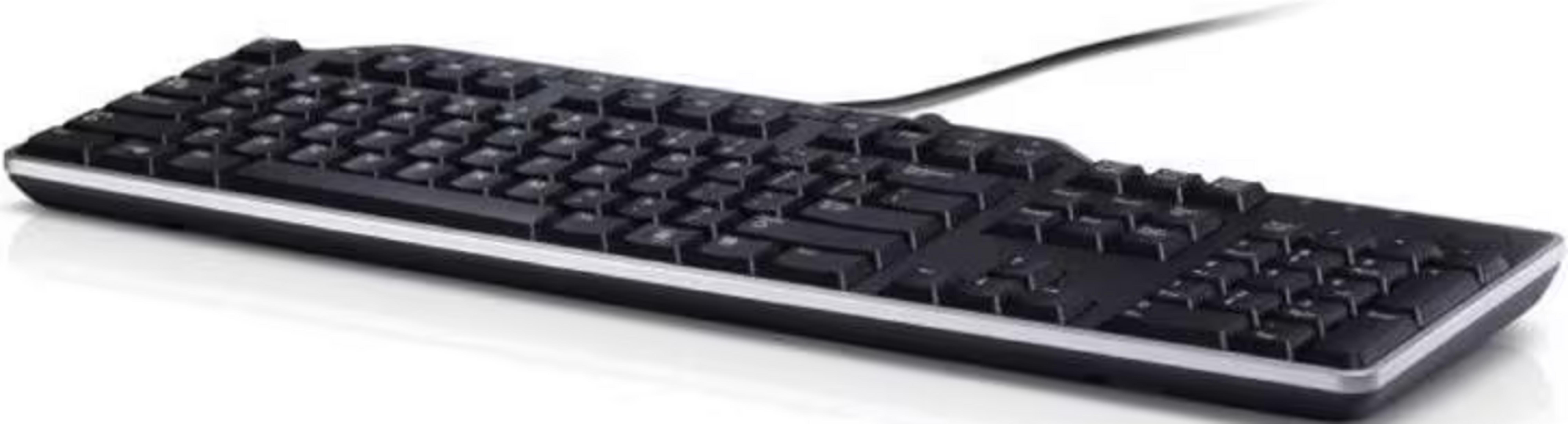 Tastiera del computer nera con bordo argentato e cavo su sfondo bianco.