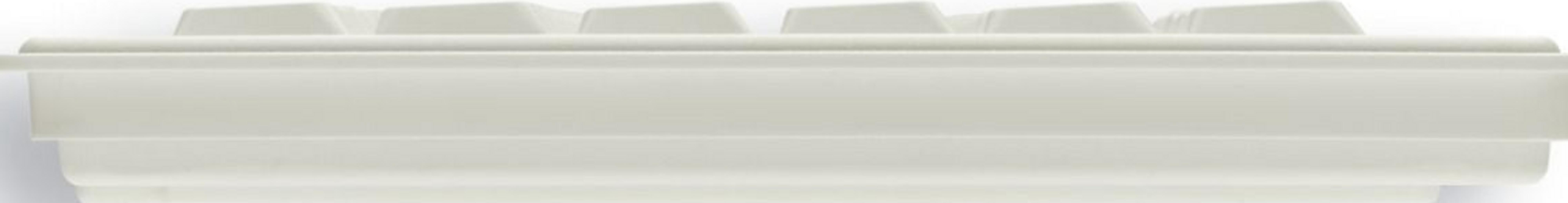 Un layout di tastiera bianco con tasti visibili sopra una custodia.