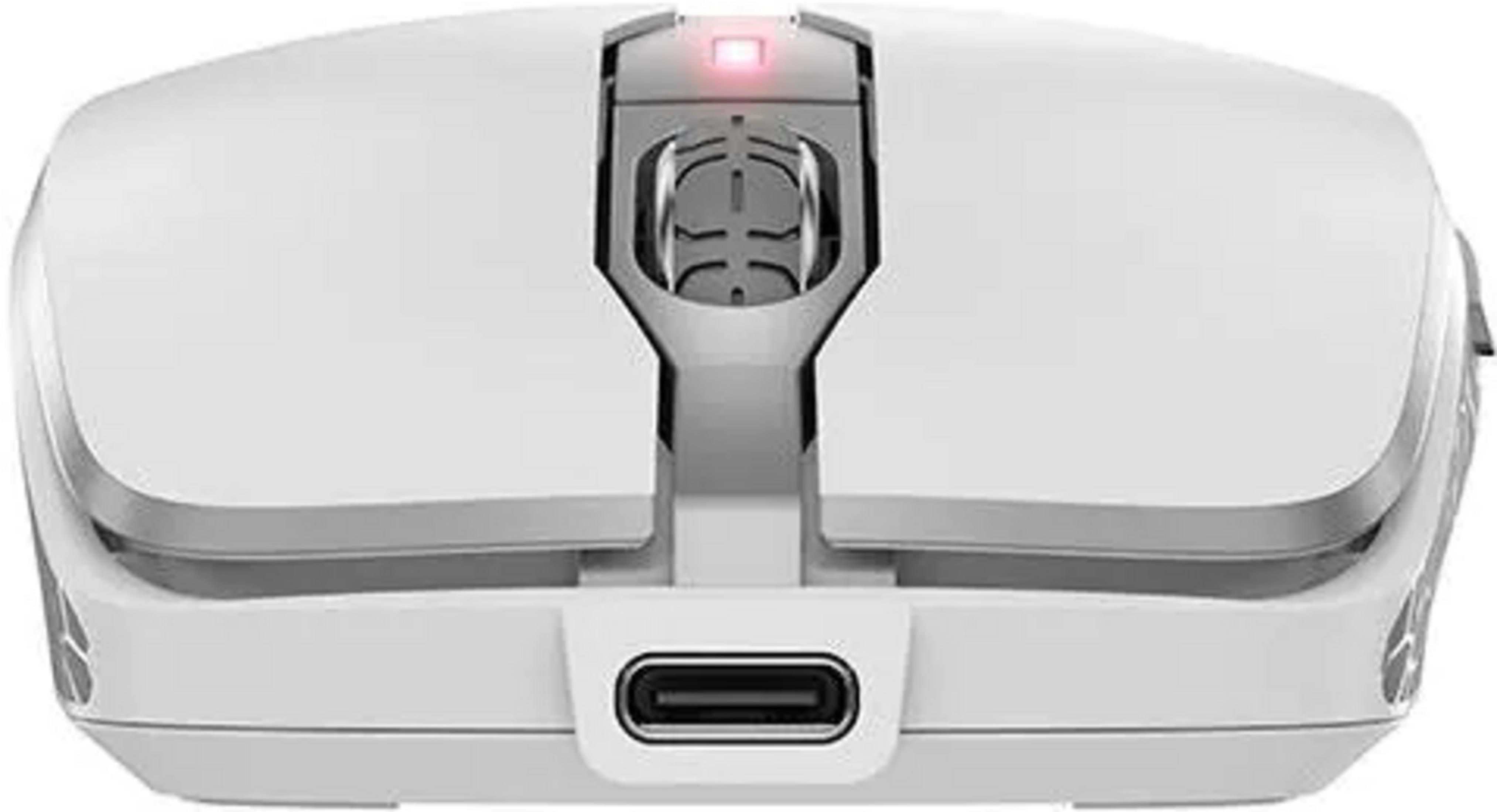 Mouse da gaming bianco con porta USB-C e una piccola luce rossa.