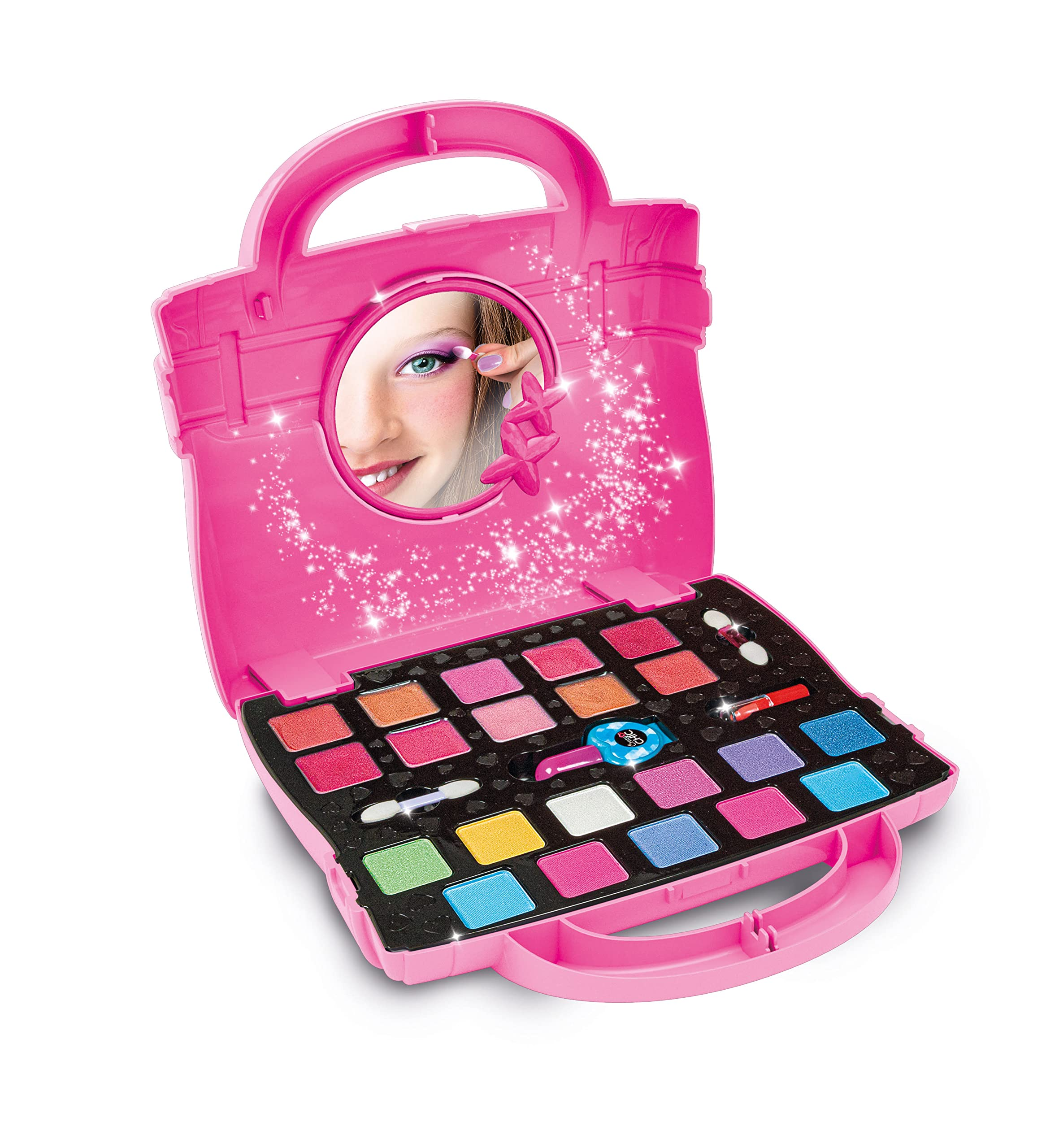 Una trousse da trucco rosa con specchio che mostra una ragazza che si trucca.