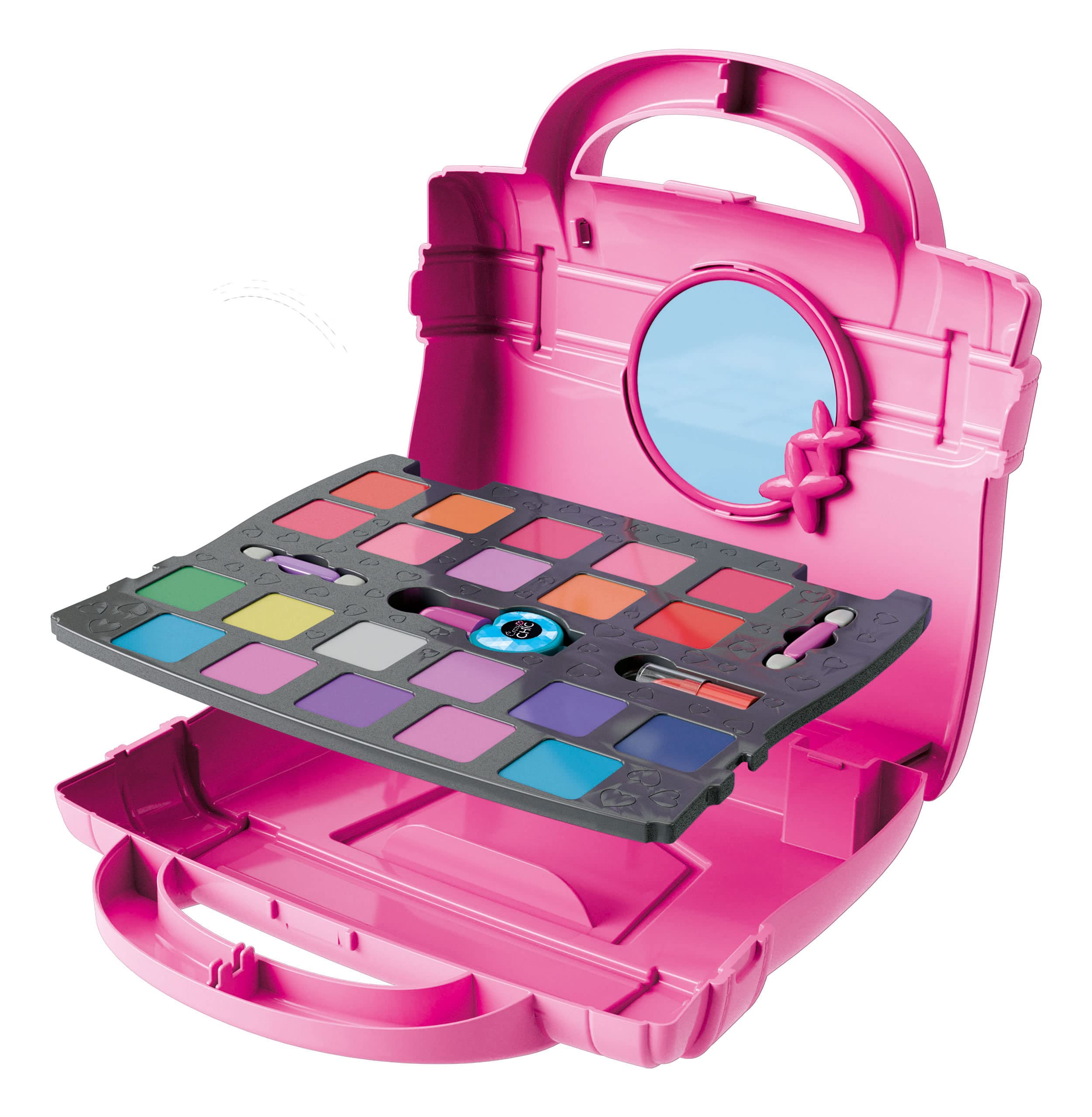 Una trousse per il trucco rosa con specchio e molti colori.