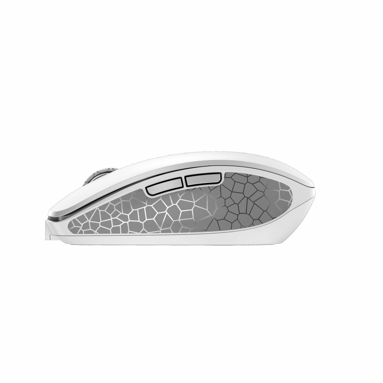 Mouse bianco con accenti argentati e motivo geometrico sul lato.