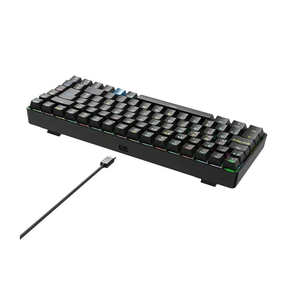 Tastiera meccanica nera con illuminazione RGB e cavo USB su sfondo bianco.