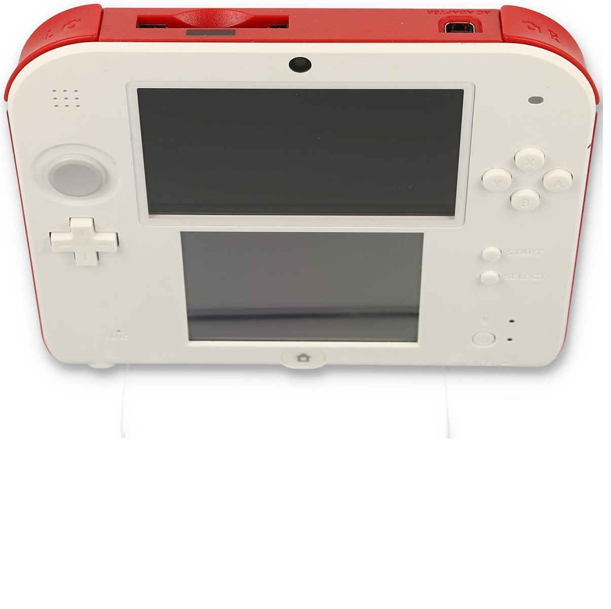 Een wit en rood Nintendo 2DS handheld apparaat met twee schermen.