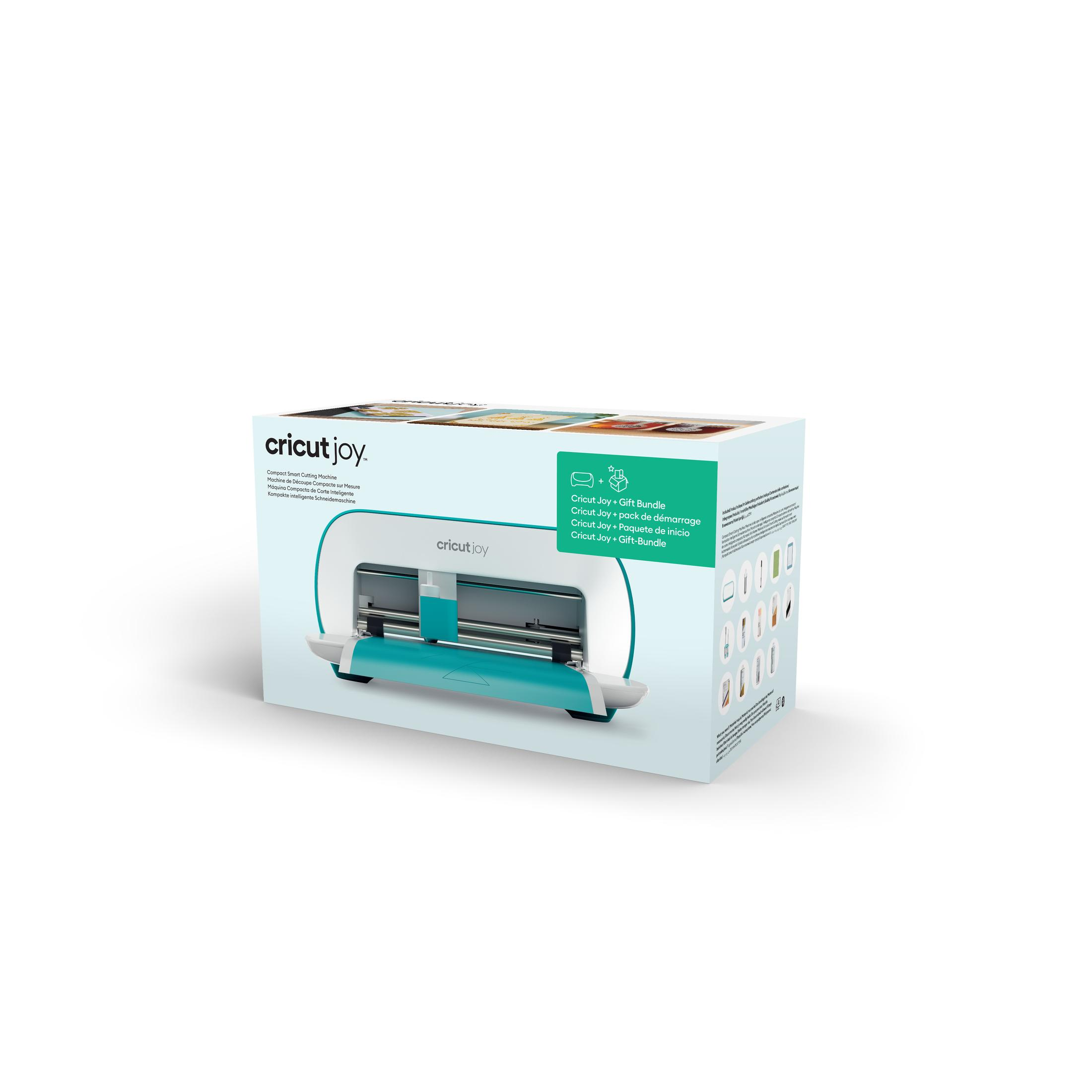 Cricut Joy Schneidemaschine in türkis und weiß auf Kartonverpackung.