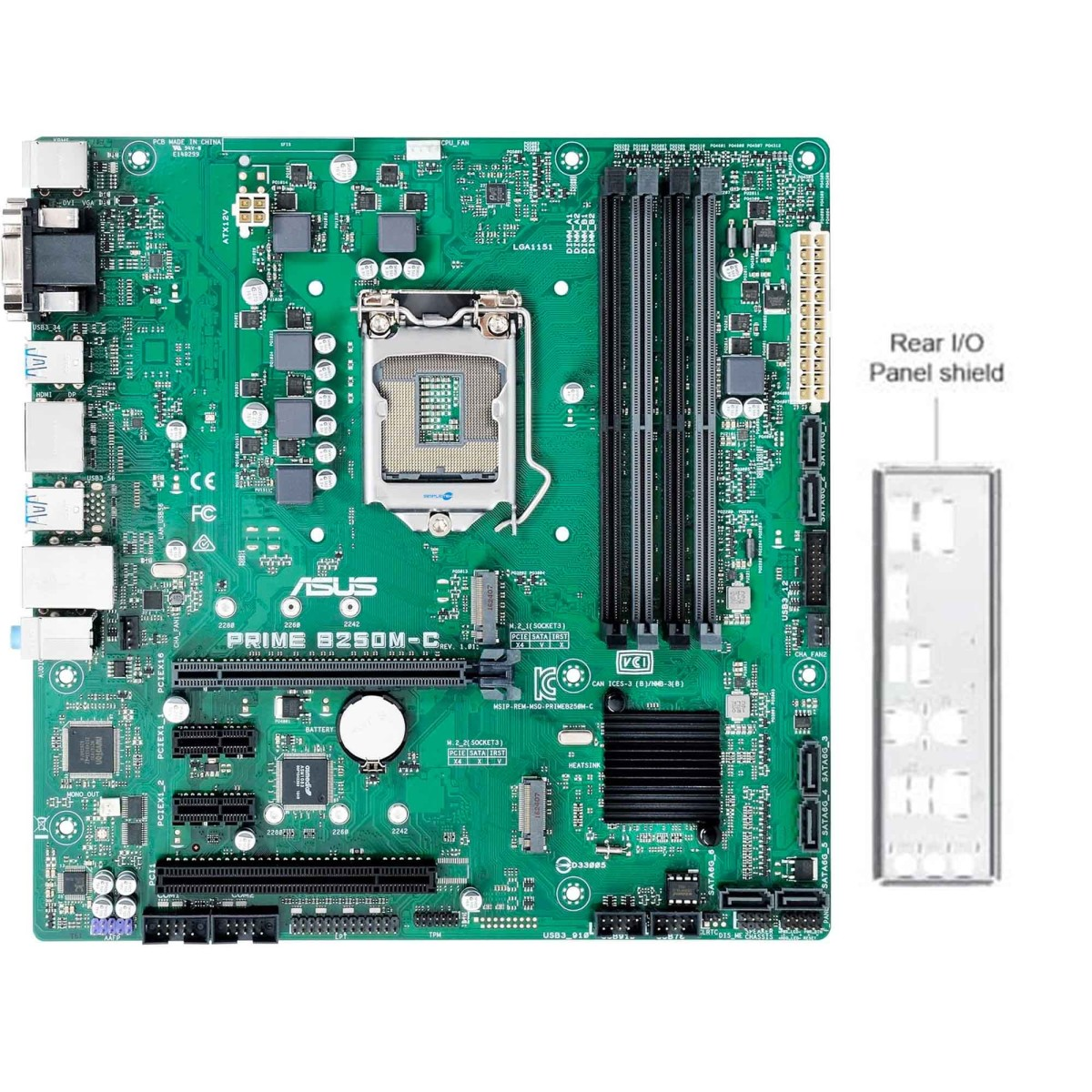 Scheda madre verde con socket CPU, slot RAM e connettori. Scudo I/O posteriore mostrato.