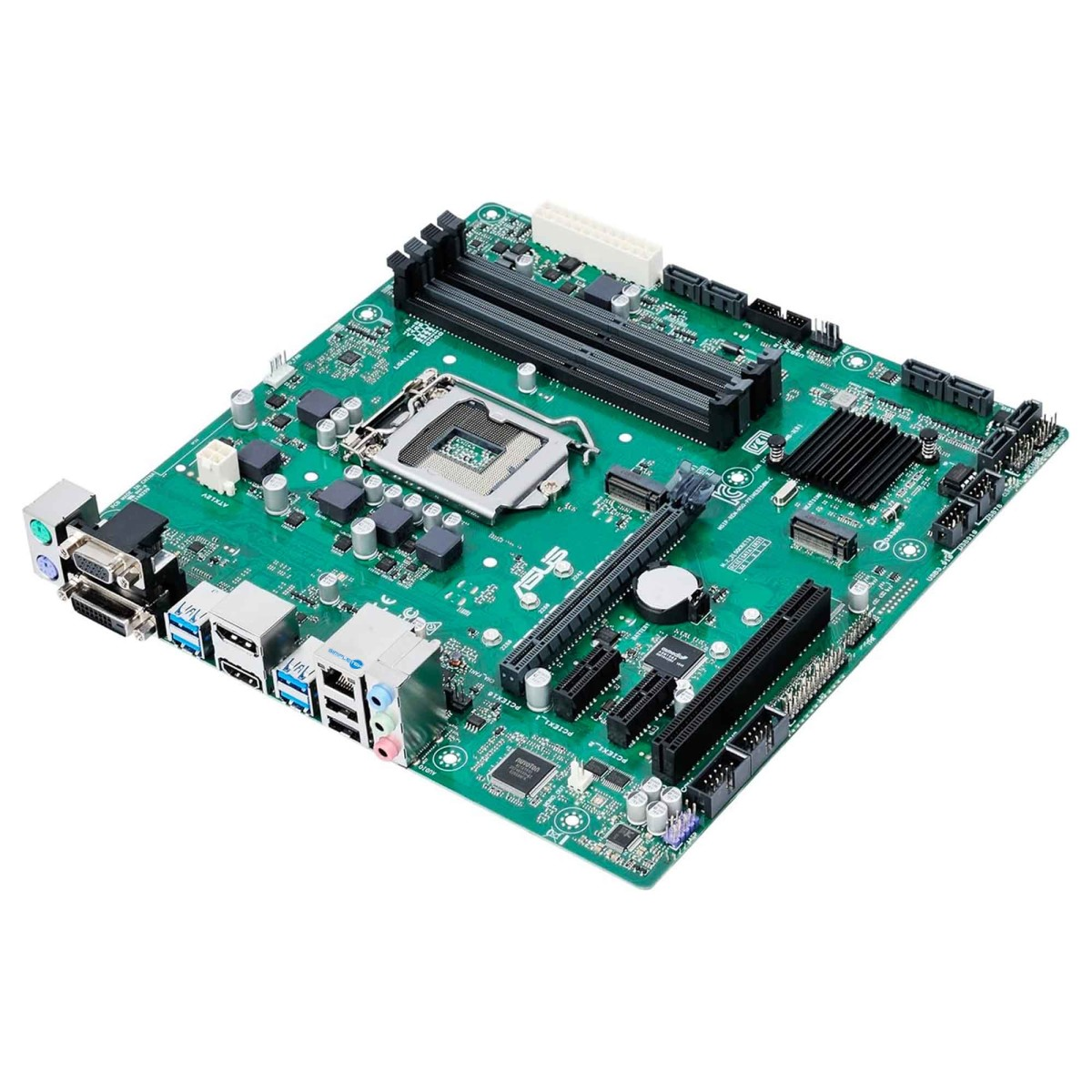 Scheda madre verde con socket CPU, slot RAM e porte.
