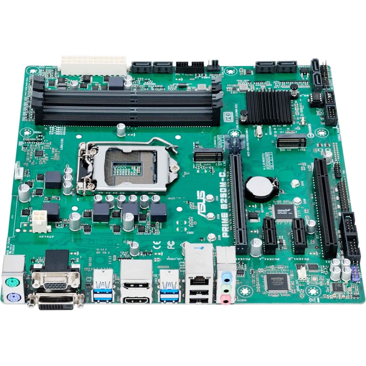 Una scheda madre verde con socket CPU, slot RAM e varie porte.