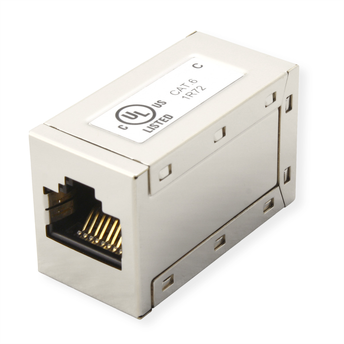 Un adattatore CAT 6 argentato con porta RJ45 e adesivo di certificazione UL.