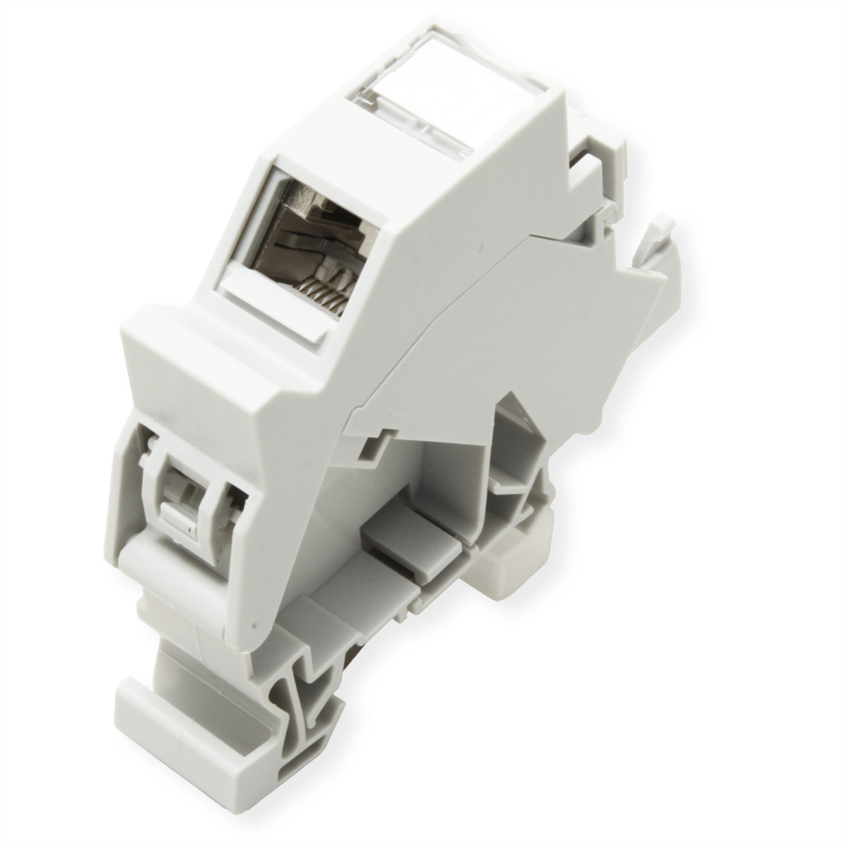 Adattatore connettore RJ45 grigio con contatti metallici, montato su guida DIN.
