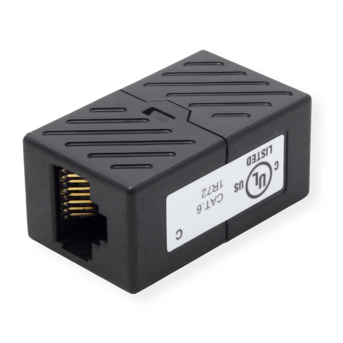 Schwarzer Netzwerkadapter mit RJ45-Anschluss und UL-Zertifizierung.