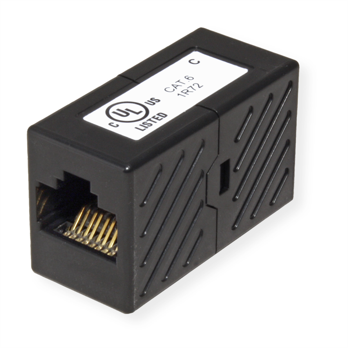 Schwarzer RJ45-Koppler für CAT.6-Kabel mit UL-Zulassung.