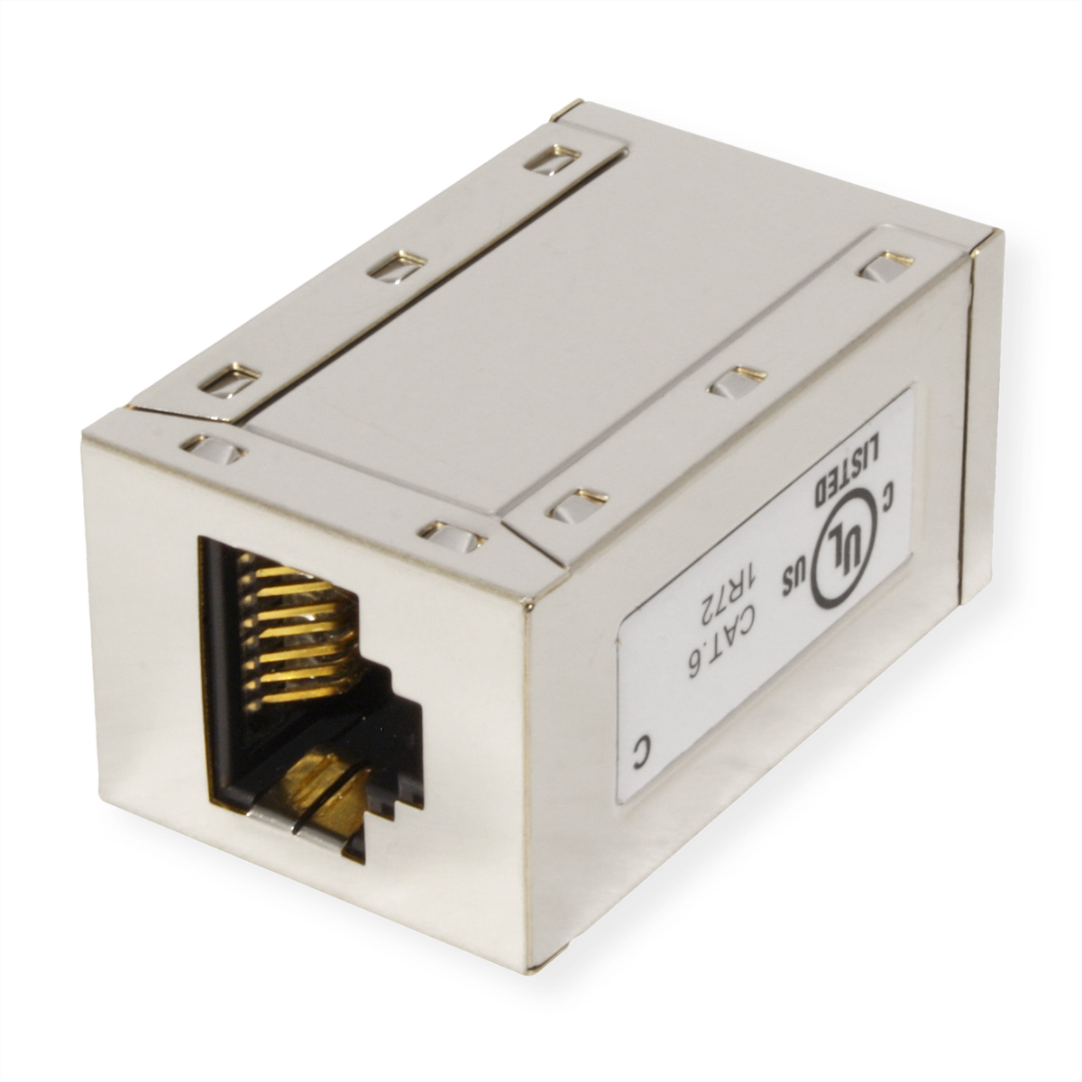 Un accoppiatore Ethernet argentato con porte RJ45 e certificazione UL.
