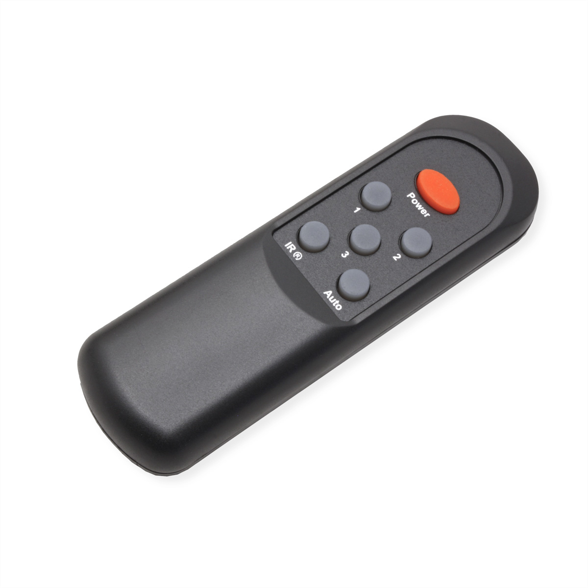 Ein schwarzer Fernbedienung mit orangem Power-Knopf und grauen Tasten.