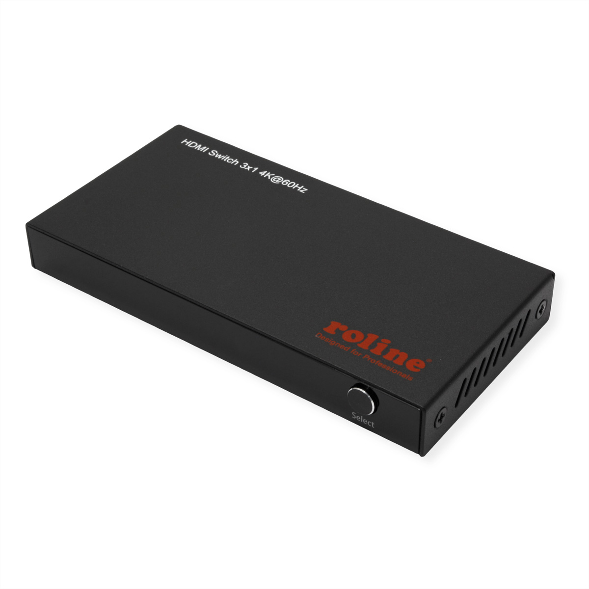 Schwarzer HDMI-Switch 3x1 4K@60Hz mit Auswahlknopf und Rolin-Logo.