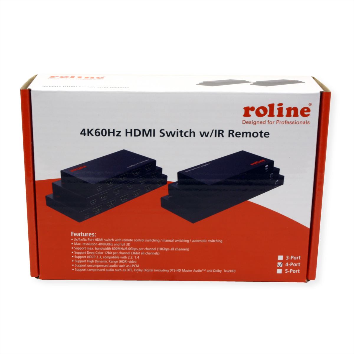 Roline 4K60Hz HDMI Switch avec télécommande IR sur emballage rouge.