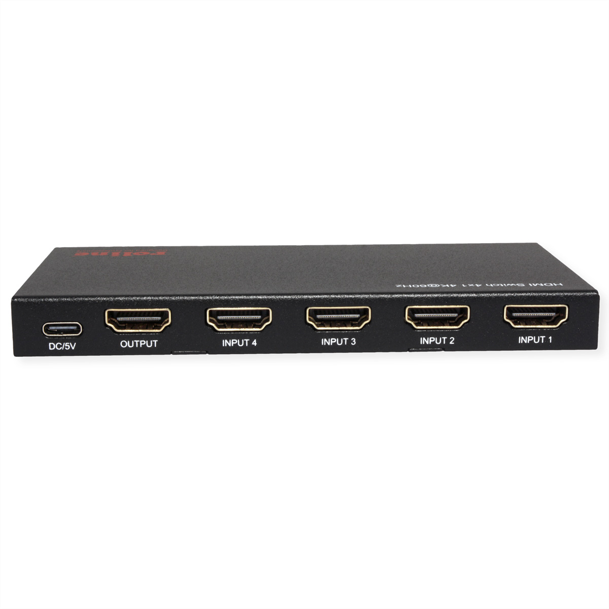 Commutateur HDMI noir 4x1 avec 1 USB-C, 1 sortie et 4 entrées.
