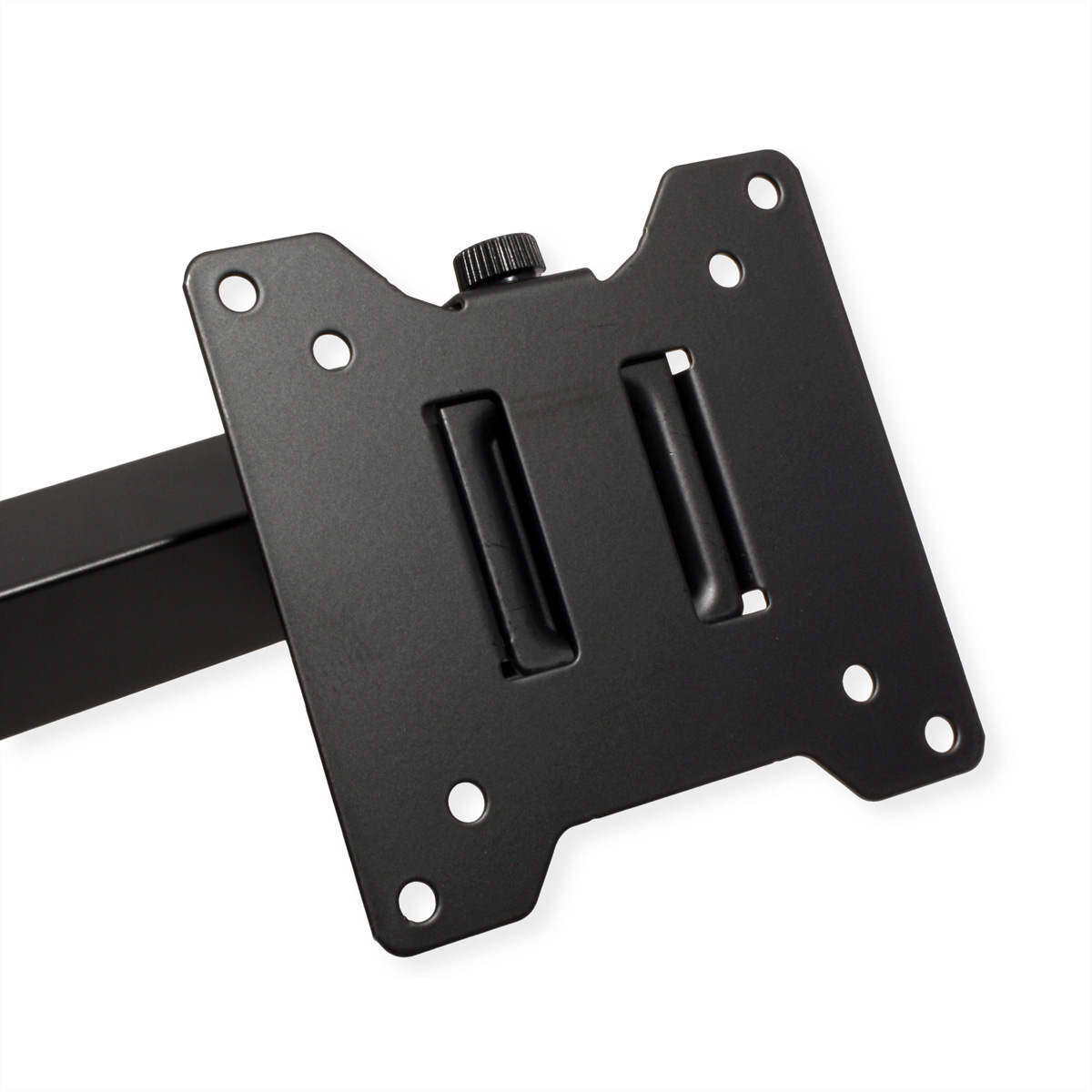 Support métallique noir avec plaque VESA et bouton de réglage.