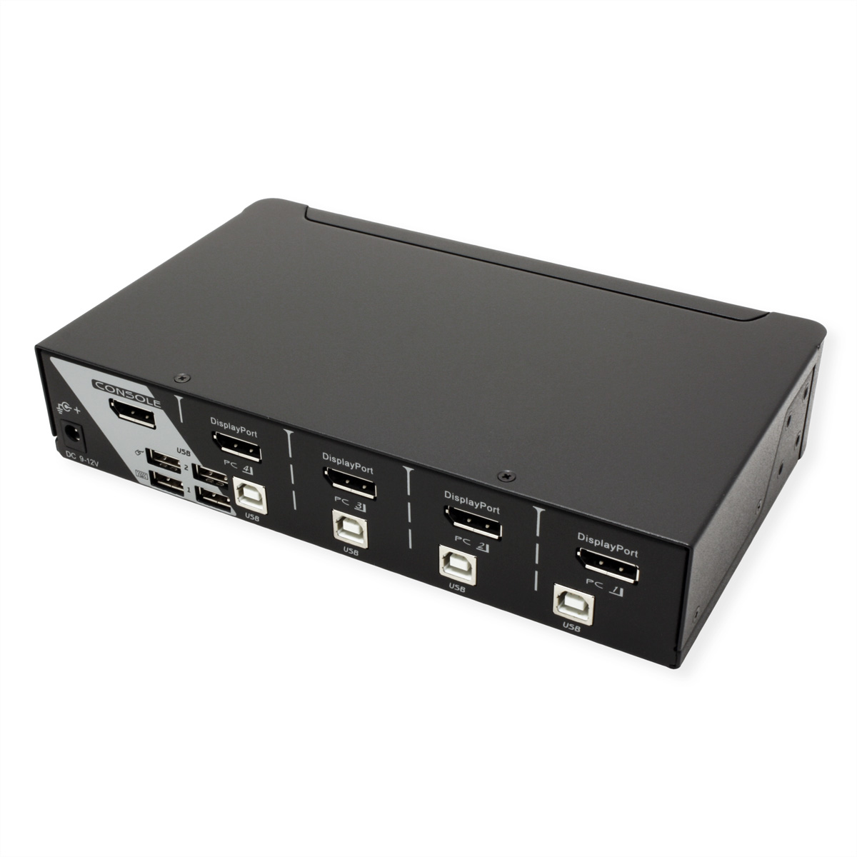 Zwarte KVM-switch met DisplayPort en USB-poorten.