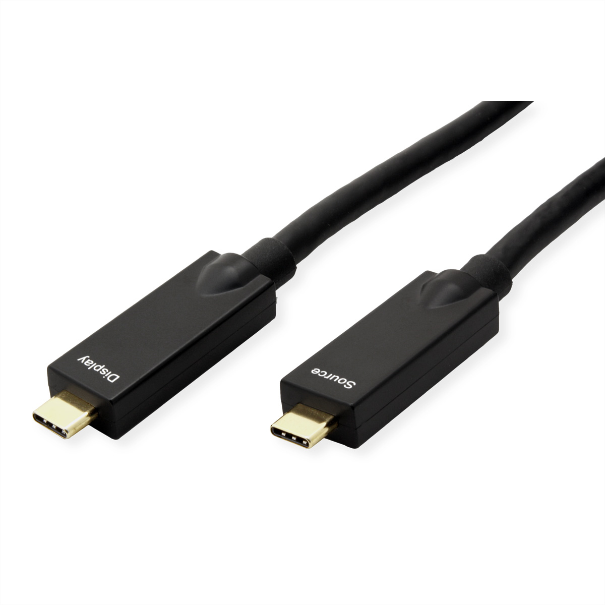 Zwarte USB-C kabel met labels 'Source' en 'Display'.