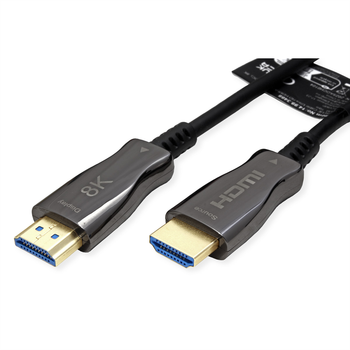 Ein schwarzes HDMI-Kabel mit 8K-Display- und Quelle-Anschlüssen.