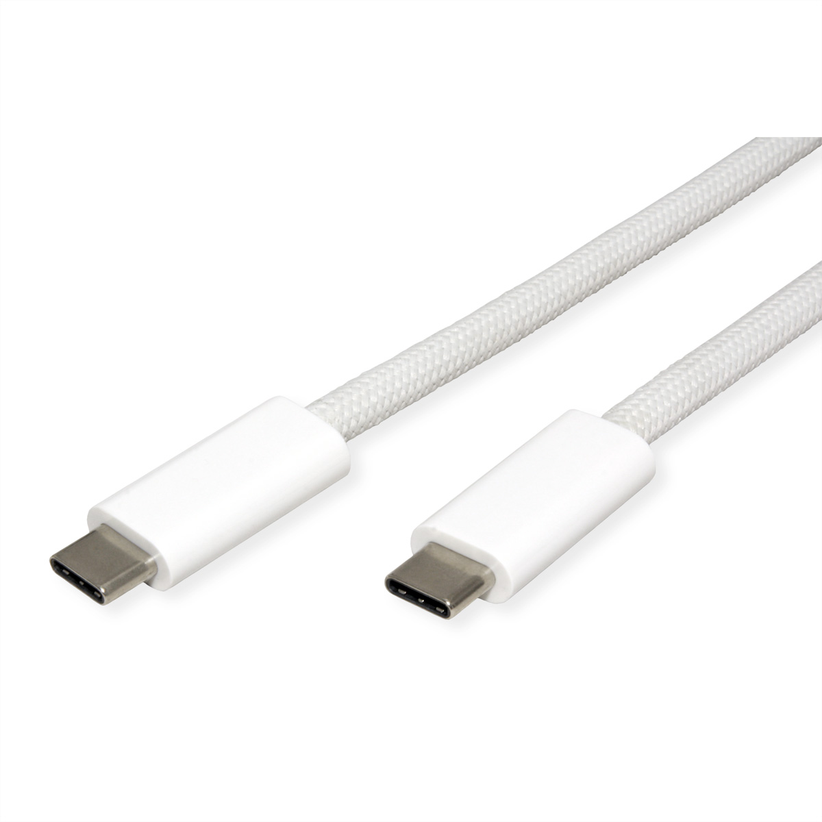 Een witte USB-C kabel met gevlochten mantel op witte achtergrond.