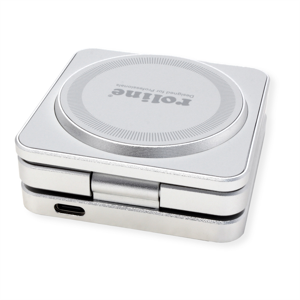 Caricatore pieghevole argento con porta USB-C e logo.