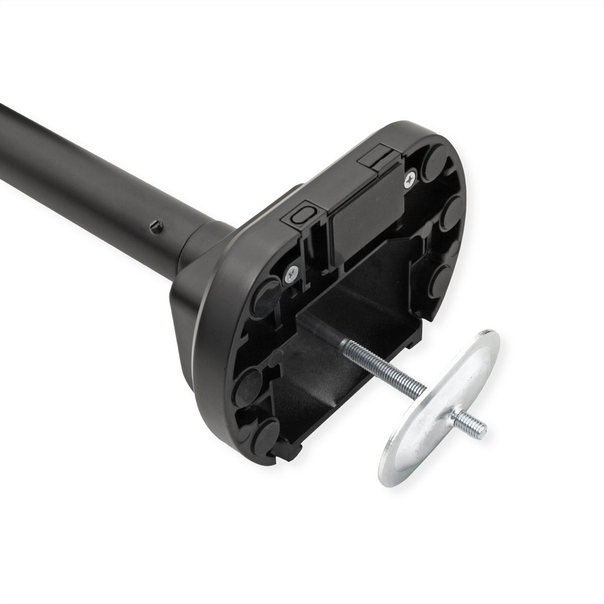 Base de support noire avec boulon fileté et disque métallique, sur fond blanc.