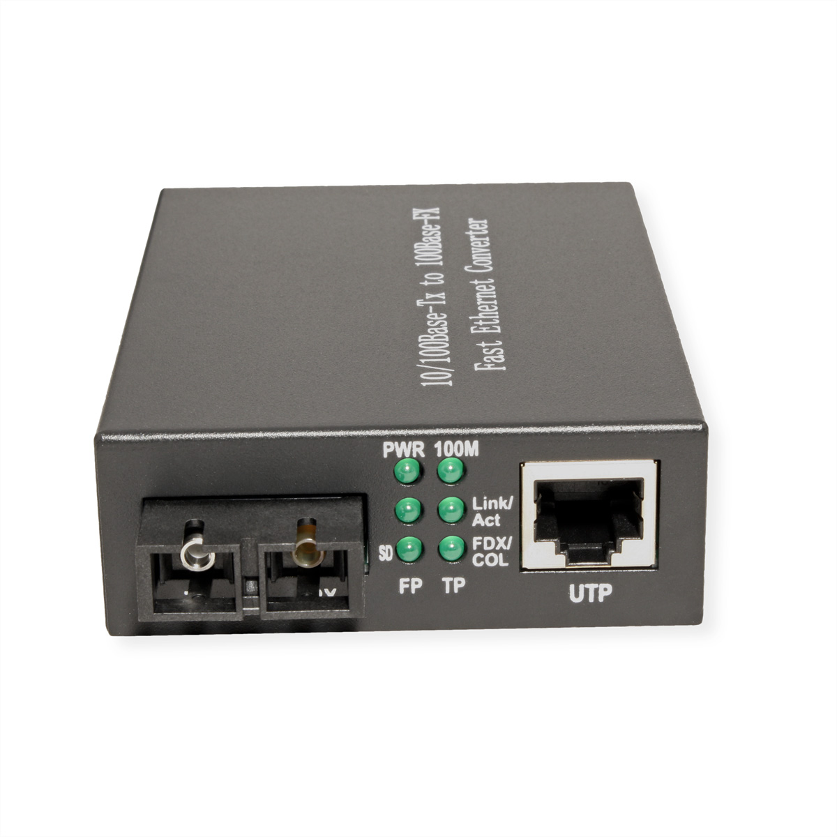 Ein schwarzer Ethernet-Konverter mit Glasfaser- und UTP-Anschlüssen und LEDs.