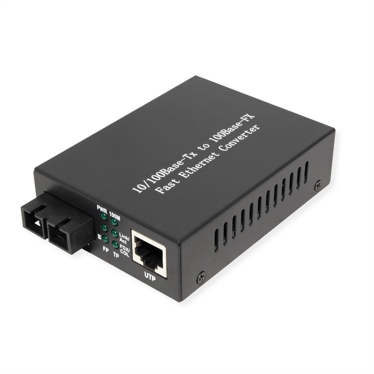 Ein schwarzer Ethernet-Konverter mit Glasfaser- und UTP-Anschlüssen und LEDs.