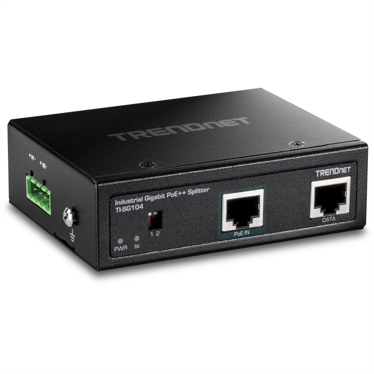 Zwarte TRENDnet industriële gigabit PoE++ splitter met poorten en schakelaars.