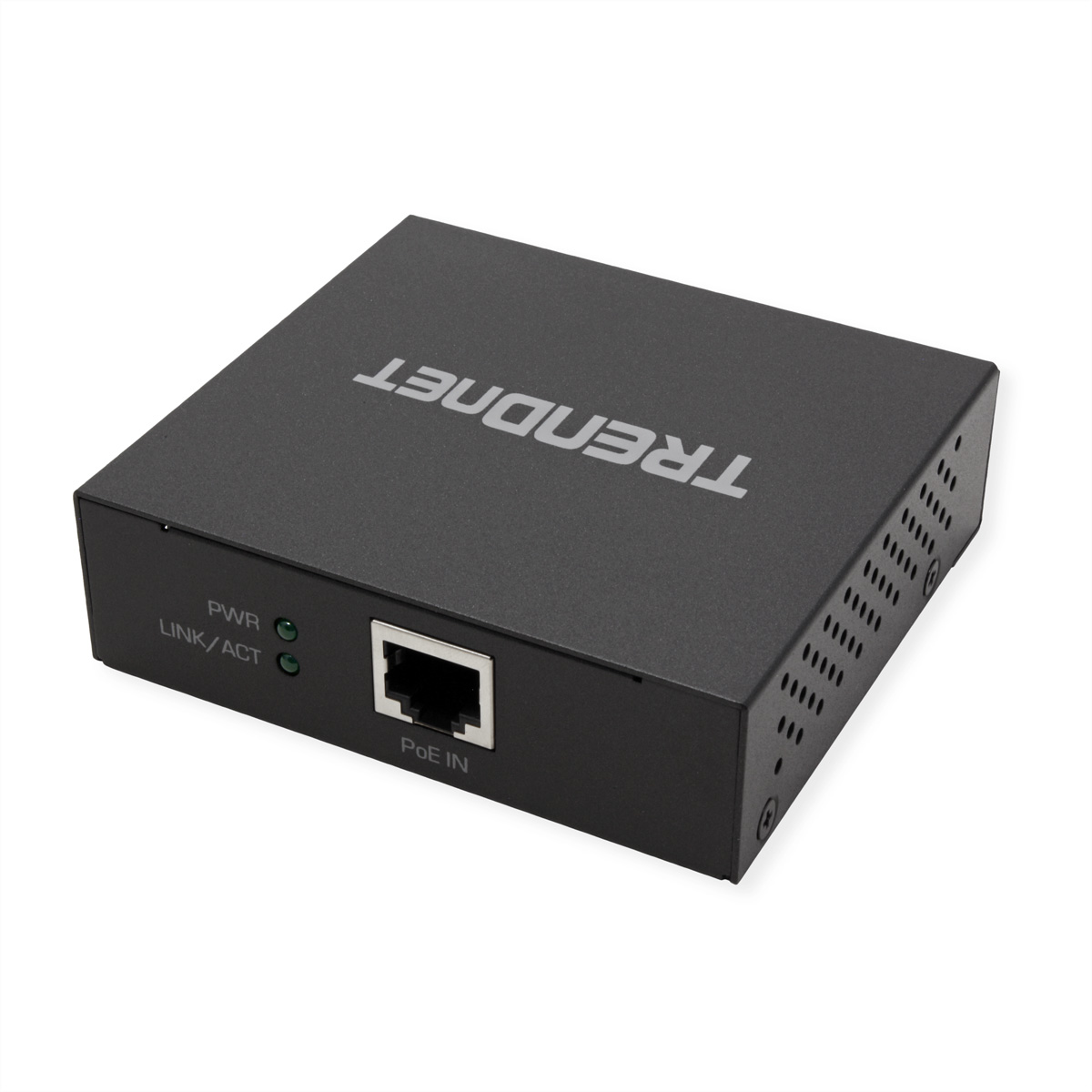 Ein schwarzes Trendnet PoE-Injektor-Gerät mit Ethernet-Anschluss und LEDs.