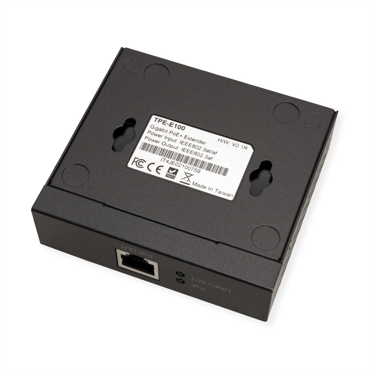 Schwarzer Gigabit PoE+ Extender mit Beschriftung, Anschlüssen und LED-Anzeigen.