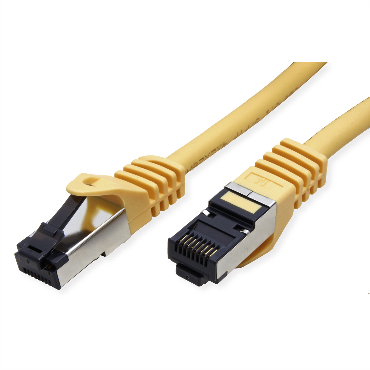 Gele Ethernetkabel met RJ45-connectoren, close-up.
