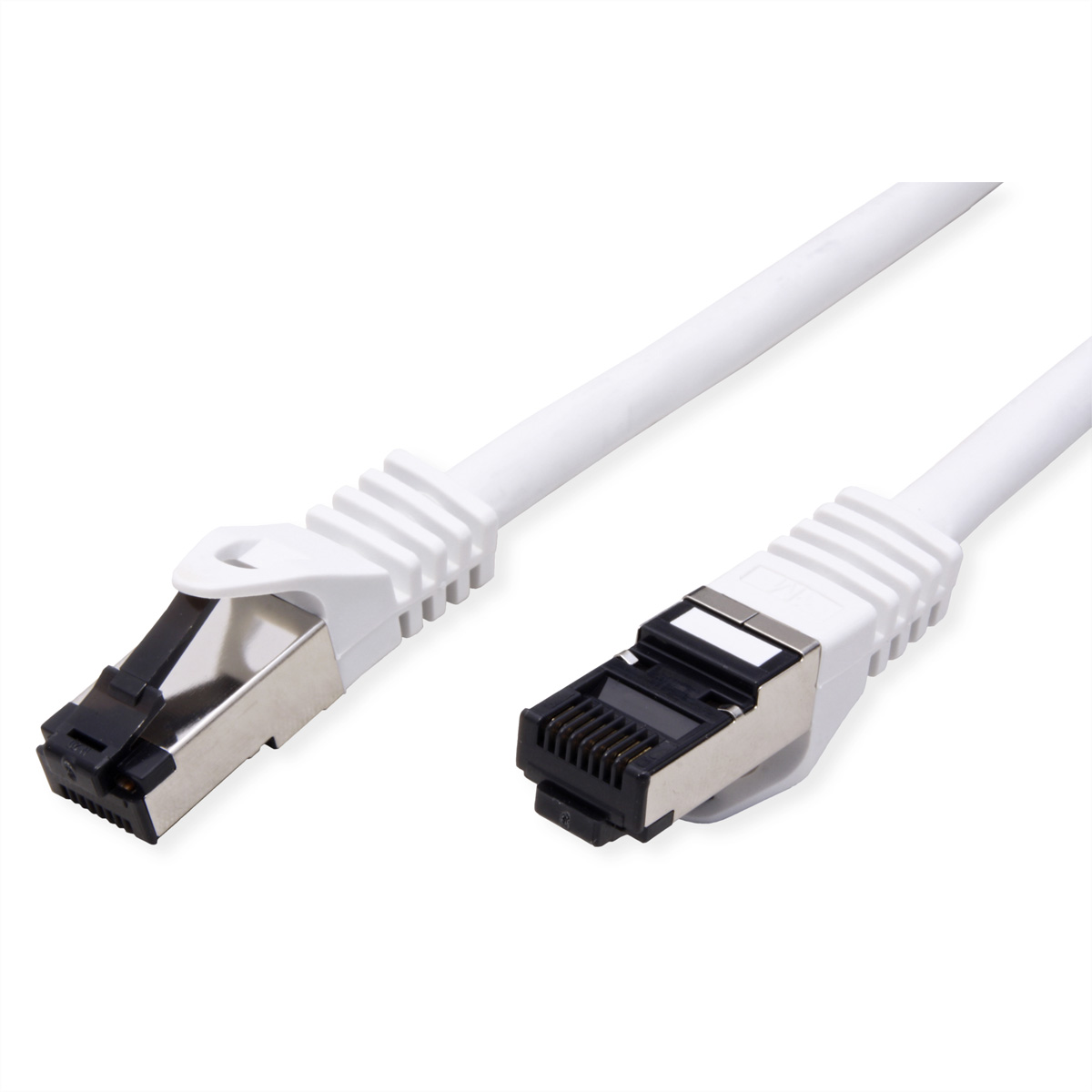 Een witte ethernetkabel met twee RJ45-connectoren, waarvan één met een zilverkleurige metalen behuizing.
