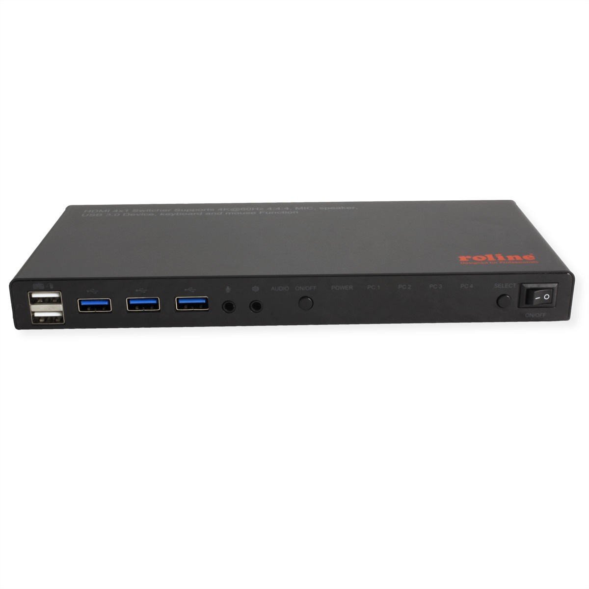Zwarte HDMI-switch met USB-poorten, audio- en voedingsingangen.