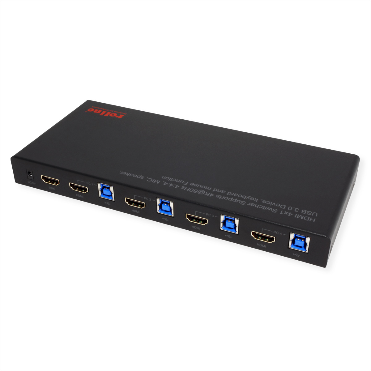 Zwarte HDMI 4x1 switcher met 4 HDMI-ingangen, 1 HDMI-uitgang en 4 USB 3.0-poorten.