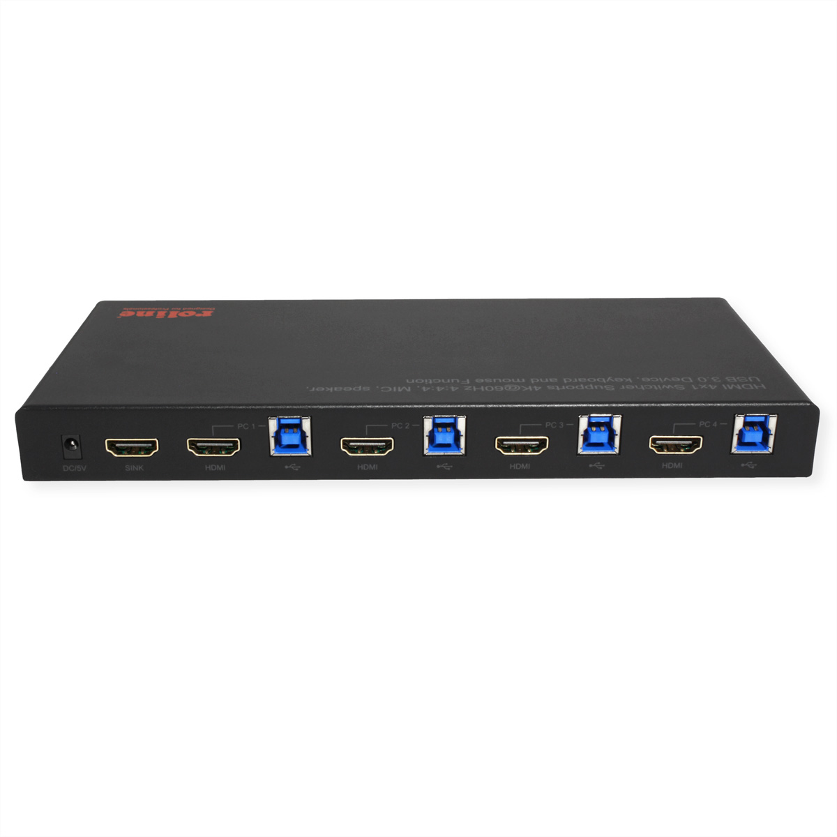 Zwarte 4x1 HDMI KVM-switcher met meerdere poorten.