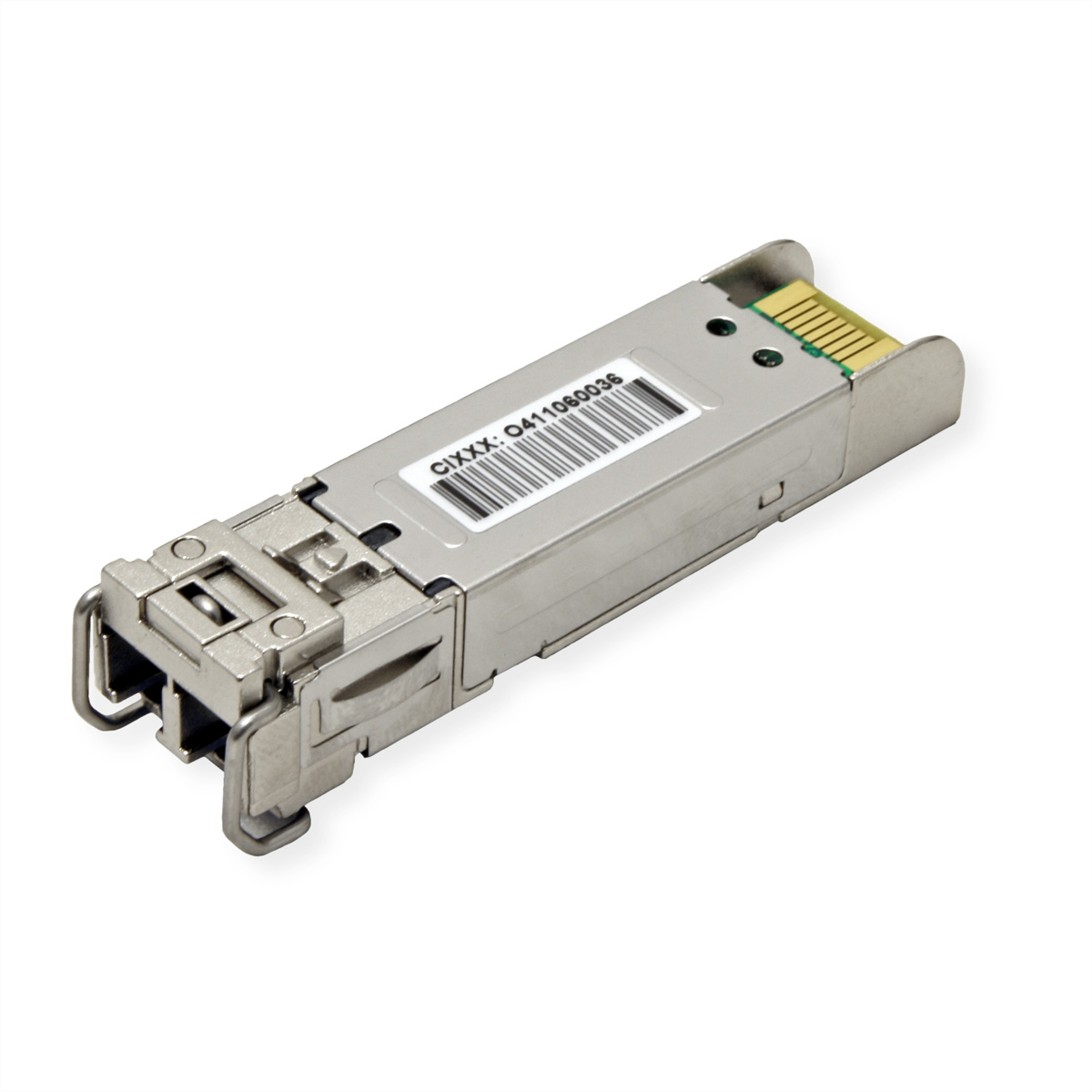 Een zilveren transceivermodule met een etiket en connector.