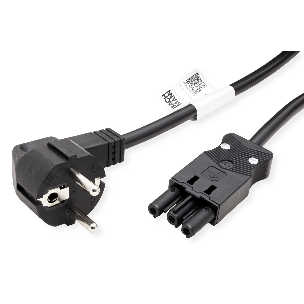 Cable de alimentación negro con enchufe y toma de corriente.
